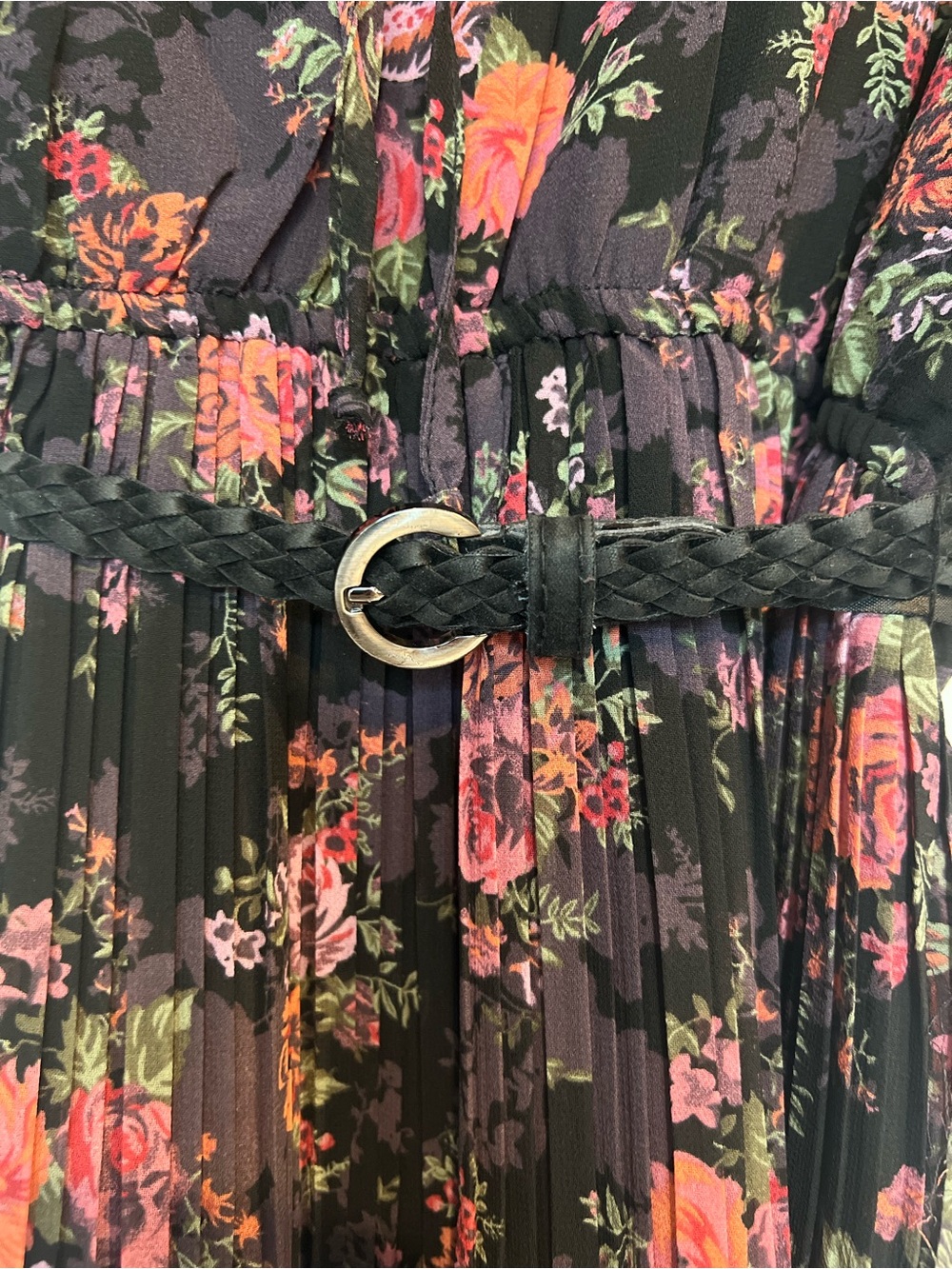 Boho Floral Chiffon Peasant Dress with Black Crochet Lace Accent Sleeves Sz S - Picture 3 of 6
